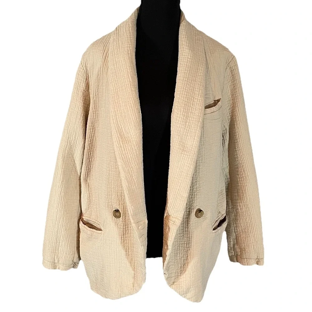 Free People Rowan Cotton Gauze Double Breasted Blazer Jacket‎ in Ecru/Cream Sm